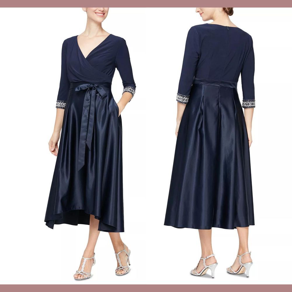 NEW ALEX EVENINGS‎ [ 18 ] Beaded-Sleeve High-Low Midi Dress in Blue #Q875